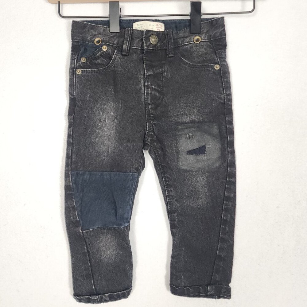 ZARA Baby Boy Jeans 12/18 Month Black‎ Denim Patch Distressed Pockets Urban